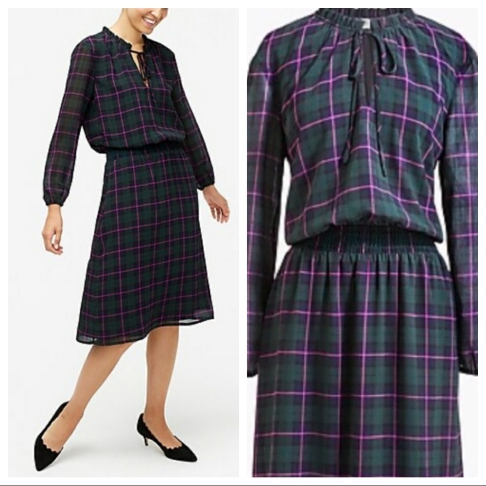 J.Crew Black Watch Printed Tie-neck Dress
